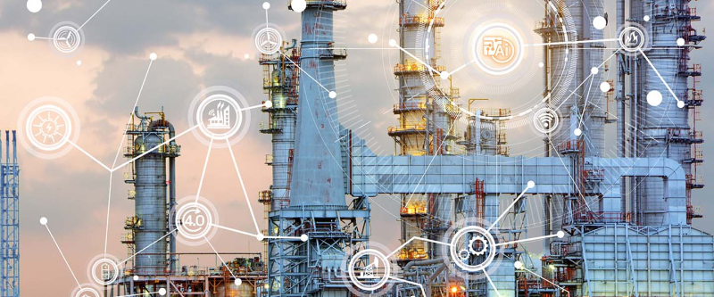 refinery with digital AI technology symbols