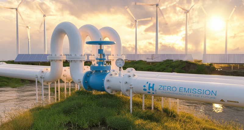 A hydrogen pipeline with wind turbines and solar panel power plants in the background