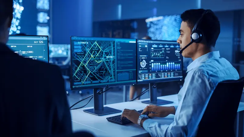 Data Scientist Works on Personal Computer Wearing a Headset