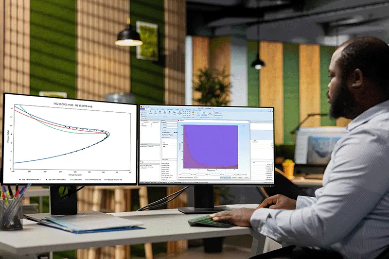 Man in office looking at two screens showing software