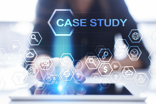 Woman using laptop pressing on virtual screen and select case study